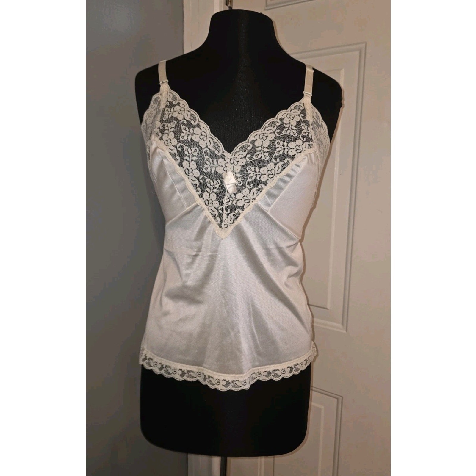 Vintage Antron 111 White Cami Lace Trim Feminine Coquette Delicate USA Made M