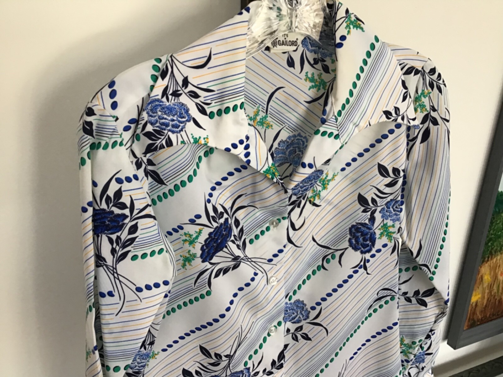 Vintage 70’s GAILORD Texturized Polyester Blue Floral Blouse Size 8 Disco Era!