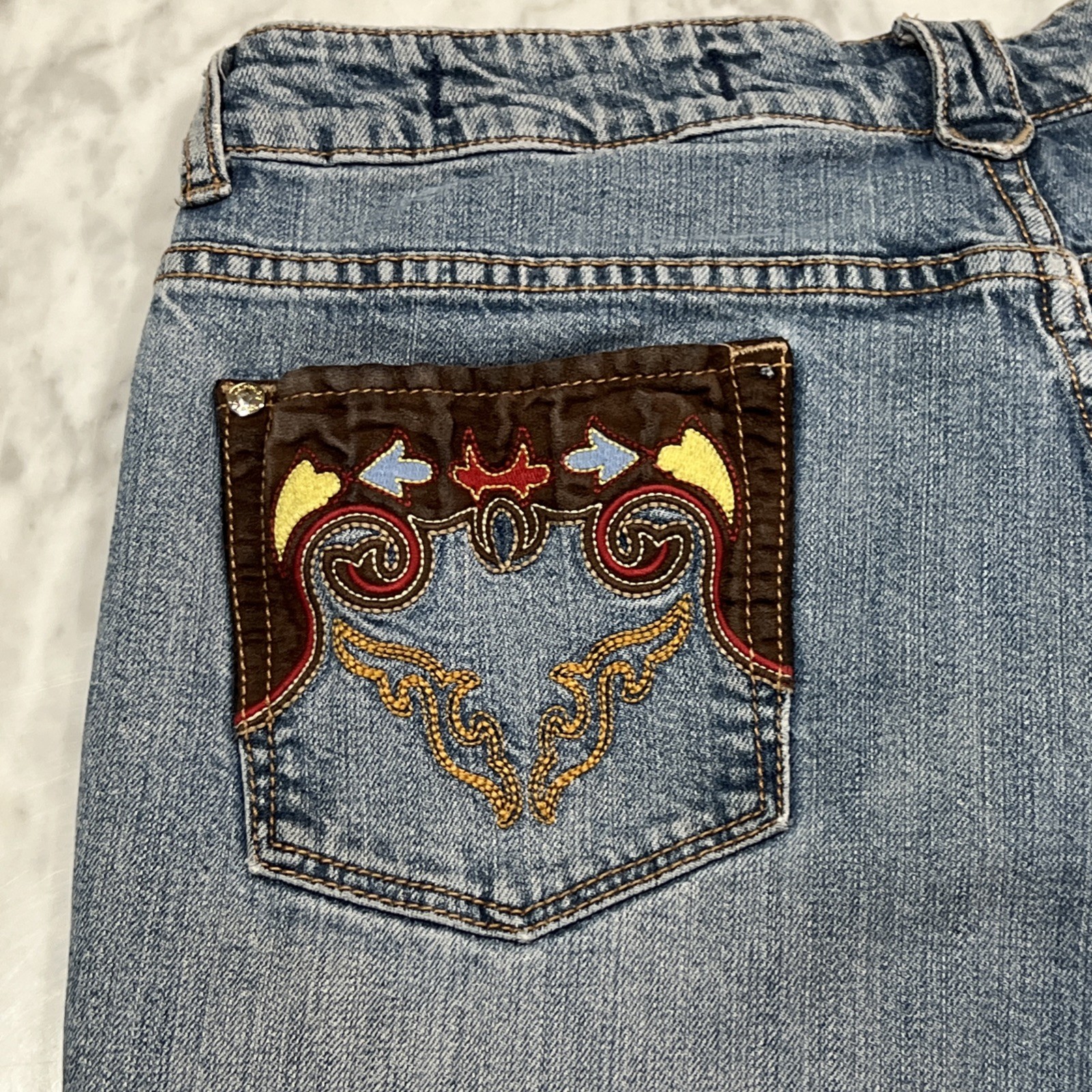 Vintage 90’s Lawman Western Jeans Women 13 Bell Bottom Embellished Faded Stretch