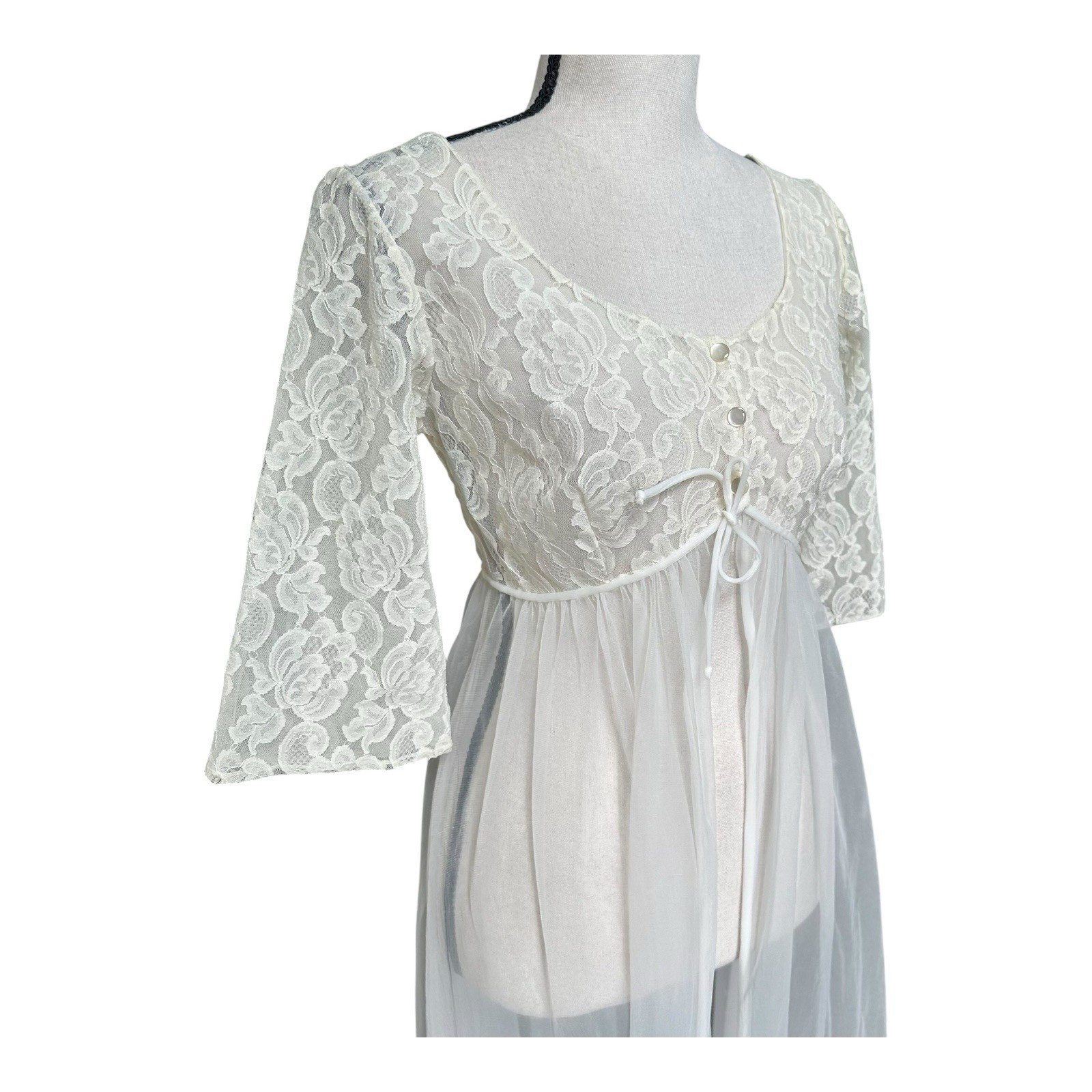 VTG 70s White Lace Sheer Robe Peignoir 3/4 Bell Sleeve Romantic Bridal Med