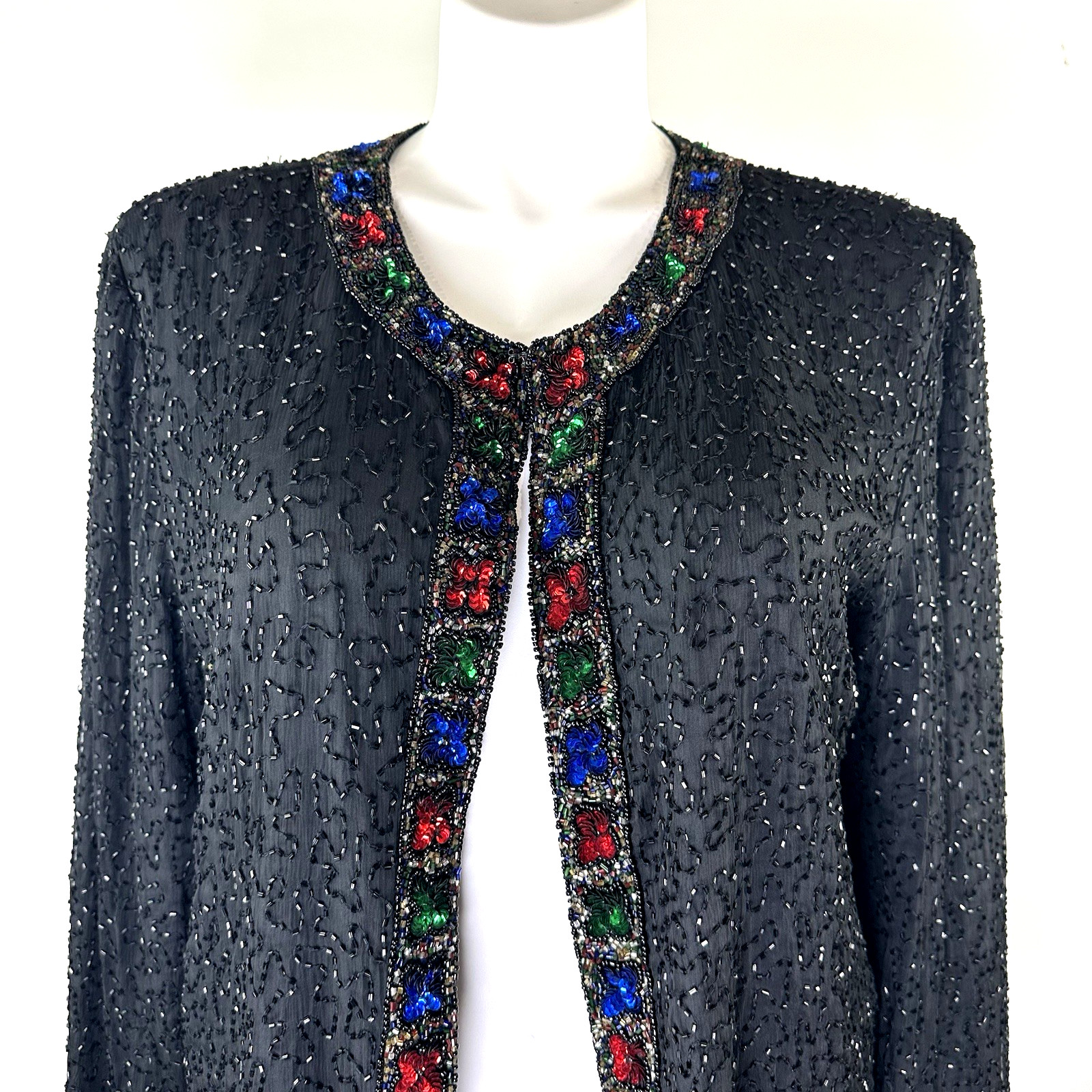 Laurence Kazar Vintage Beaded Silk Jacket Black Multi Color Sequin Womens 1X