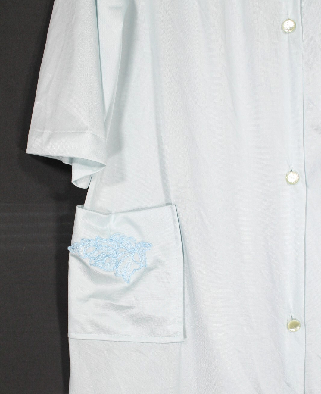 VTG LORRAINE Robe Lingerie LIGHT BLUE Button-Up SILKY NYLON Pocket LACE COLLAR S