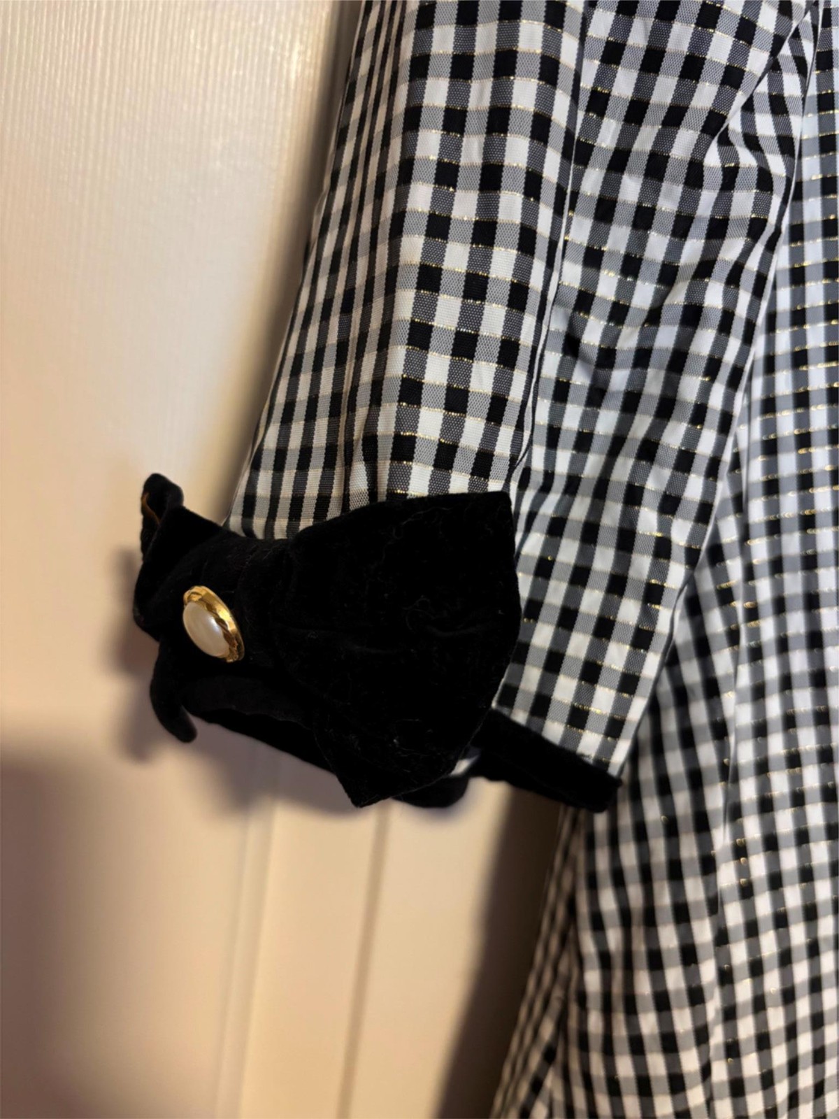 Vtg. Misty Lane Gingham Party Dress, Black Velvet Bows, 7/8