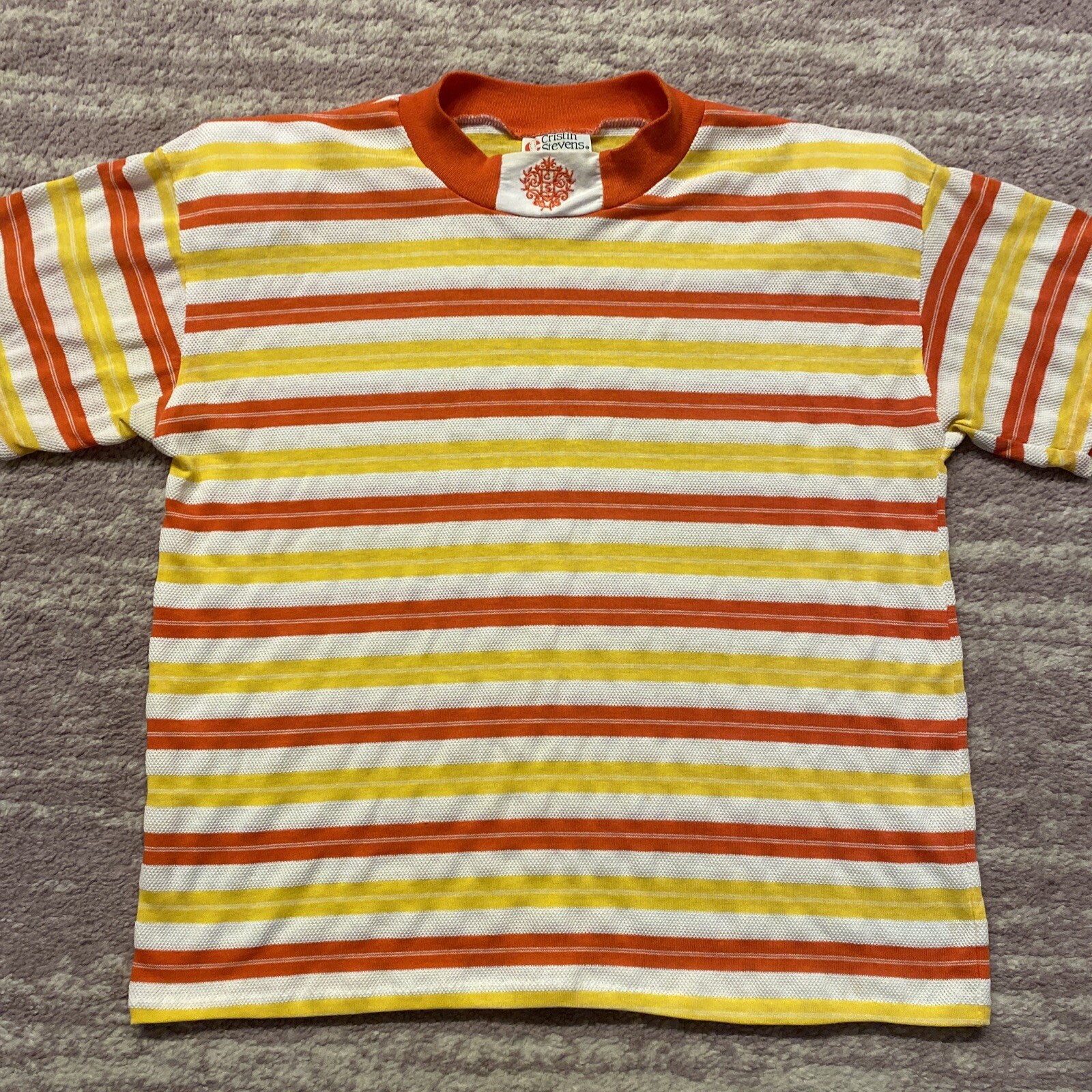 VTG Cristin Stevens Weave Netting Shirt Orange Yellow Shoulder Pads Stripe L EUC