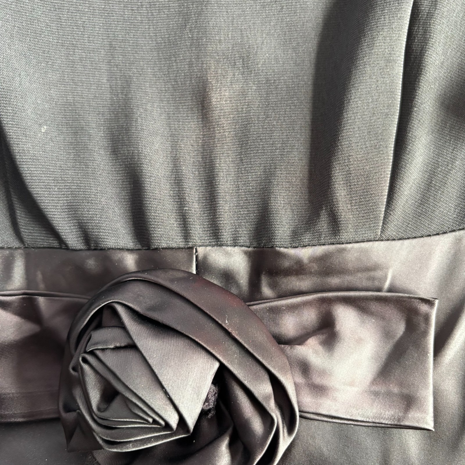 Vintage 1950s Lora Lenox Little Black Sheath Dress LBD with Satin Flower