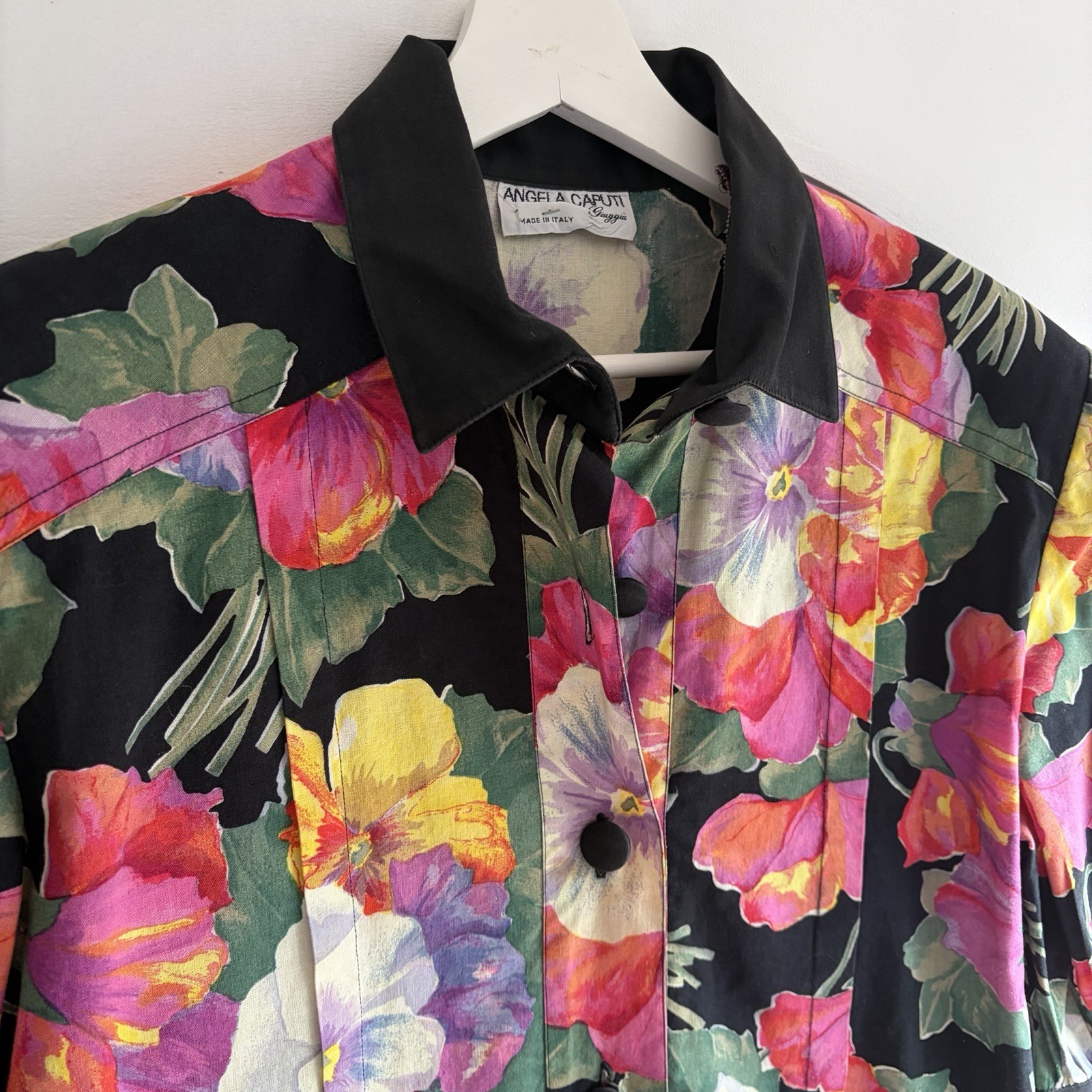 Angela Caputi Vintage Floral Shirt Dress Black Cotton Made in Italy L