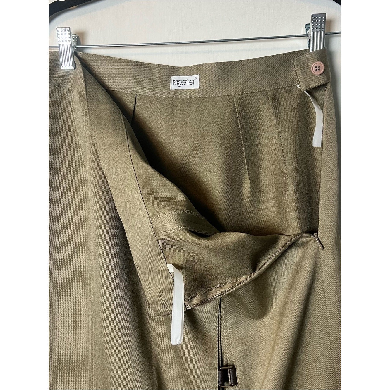 Together Vintage 80s Tan Midi Skirt Faux Leather Buckle Straps Pleated Slit Sz S