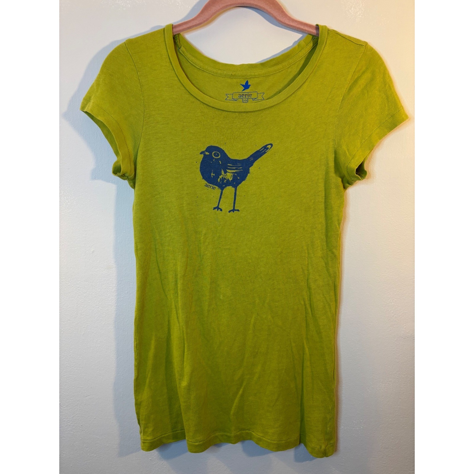 VTG AERIE Chartreuse Green Babydoll Tee Shirt Bird Small Y2K