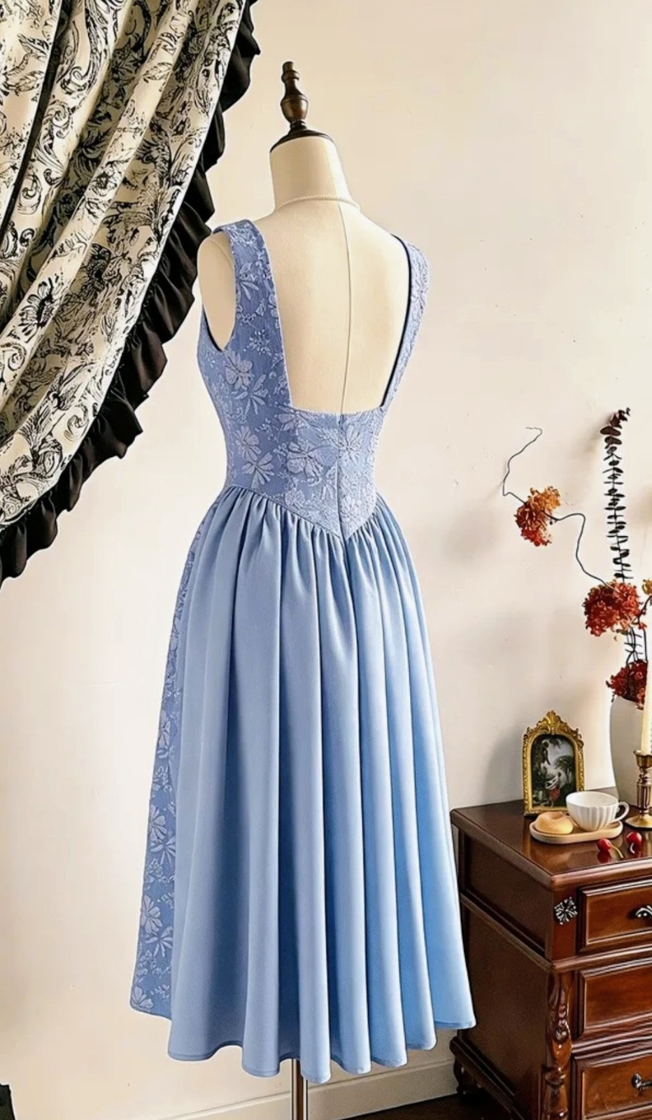 Vintage Light Blue Floral Designs Midi Dress