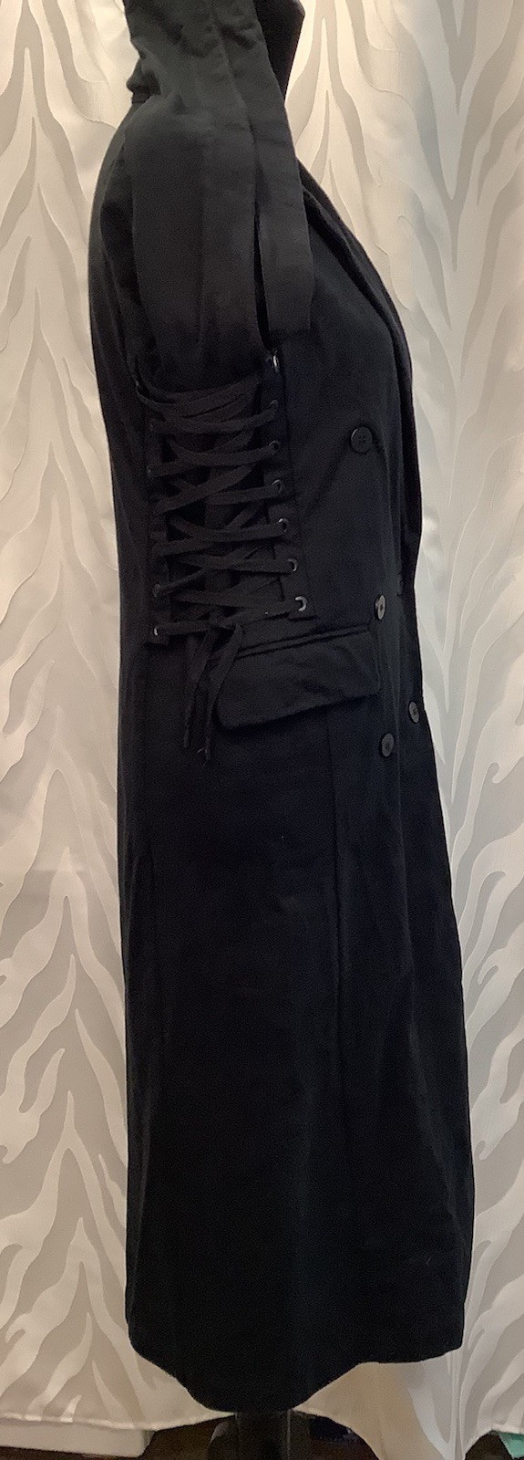 Black Corset Lace Up Sides Split Sleeves Dbl. Breasted Long Goth Coat S/M