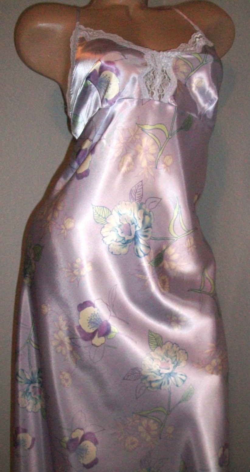 Vtg Purple Lilac Floral Long Shiny Satin Nightgown M