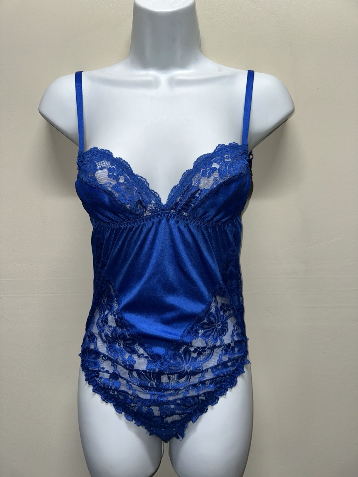 Vintage 80’s DOLORES Promise For POIRETTE Blue Lace Satin Romper 32 Union Made