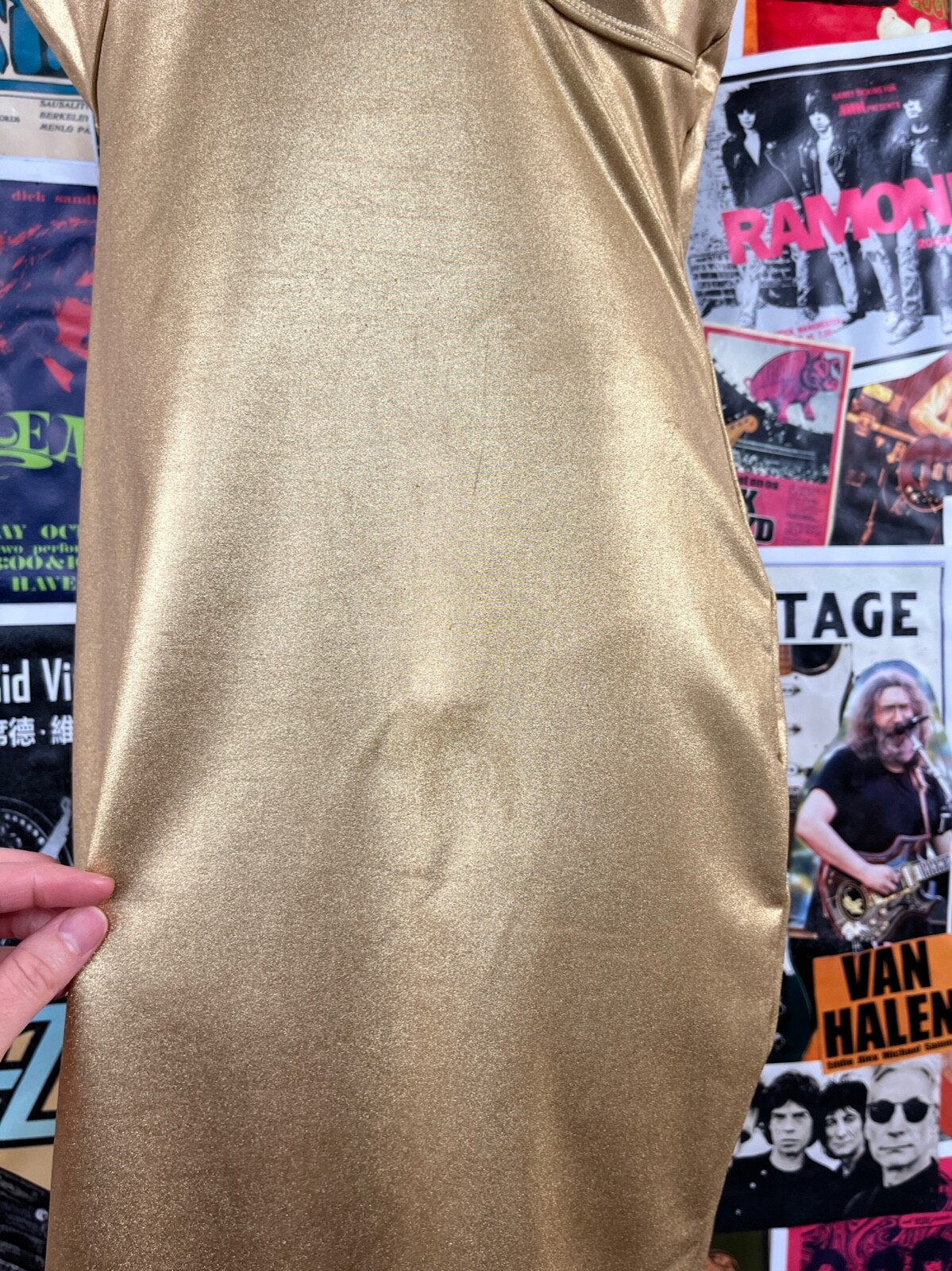Vtg 90s Metallic Gold Ujena Nylon Spandex Deep V Club Disco Mini Dress Medium