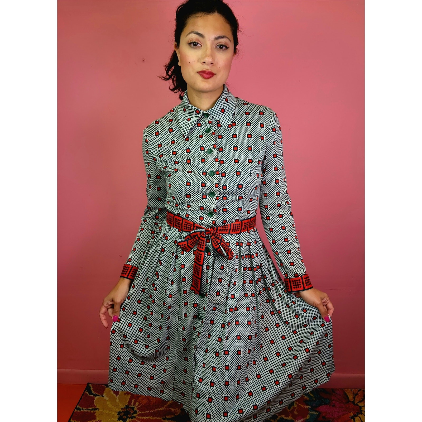 Vintage 1970’s Green and Red Checkered Dot Patterned Pleated Shirt Dress