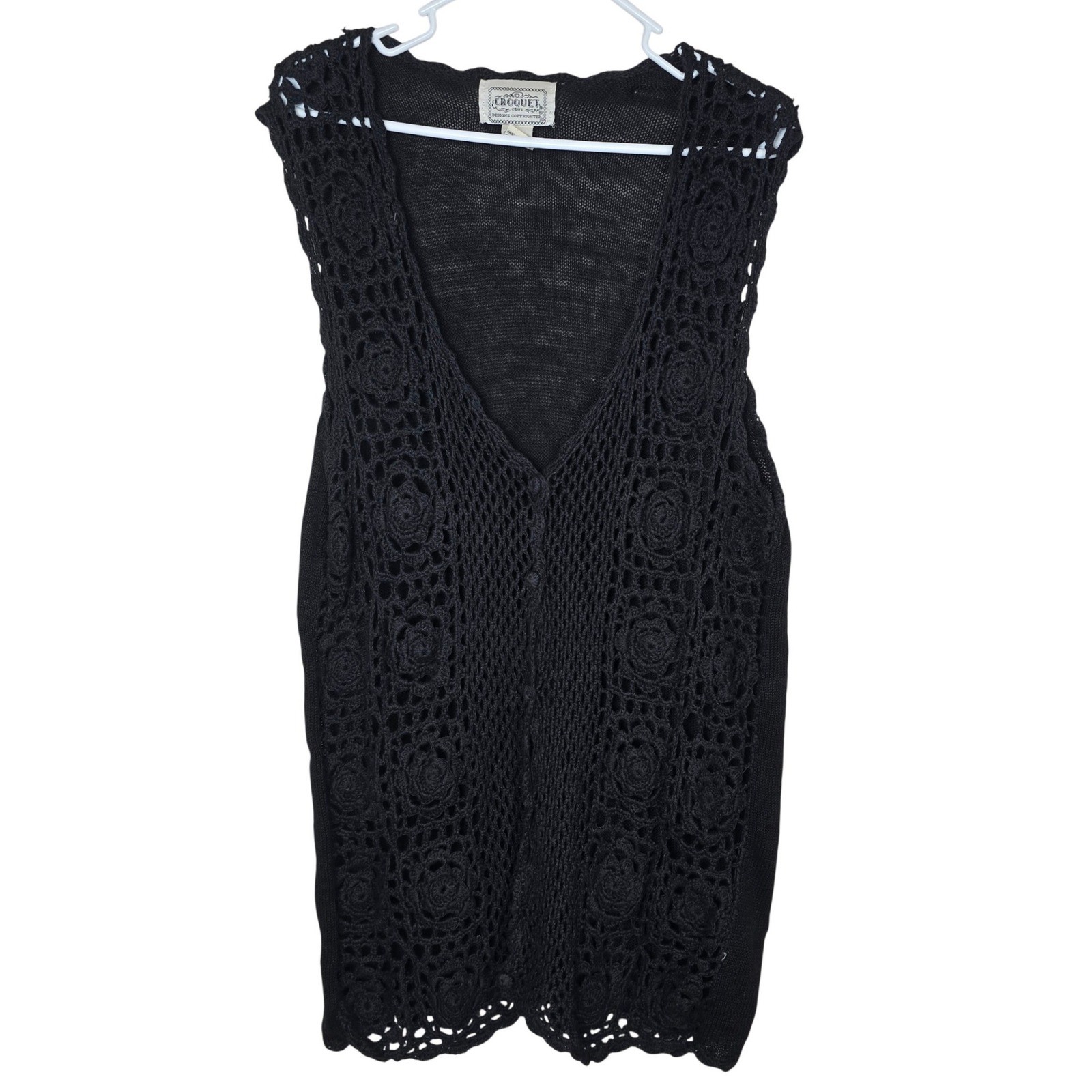 VTG Croquet Club Black Crochet Knit Sweater Vest Floral Ramie Cotton Large Boho