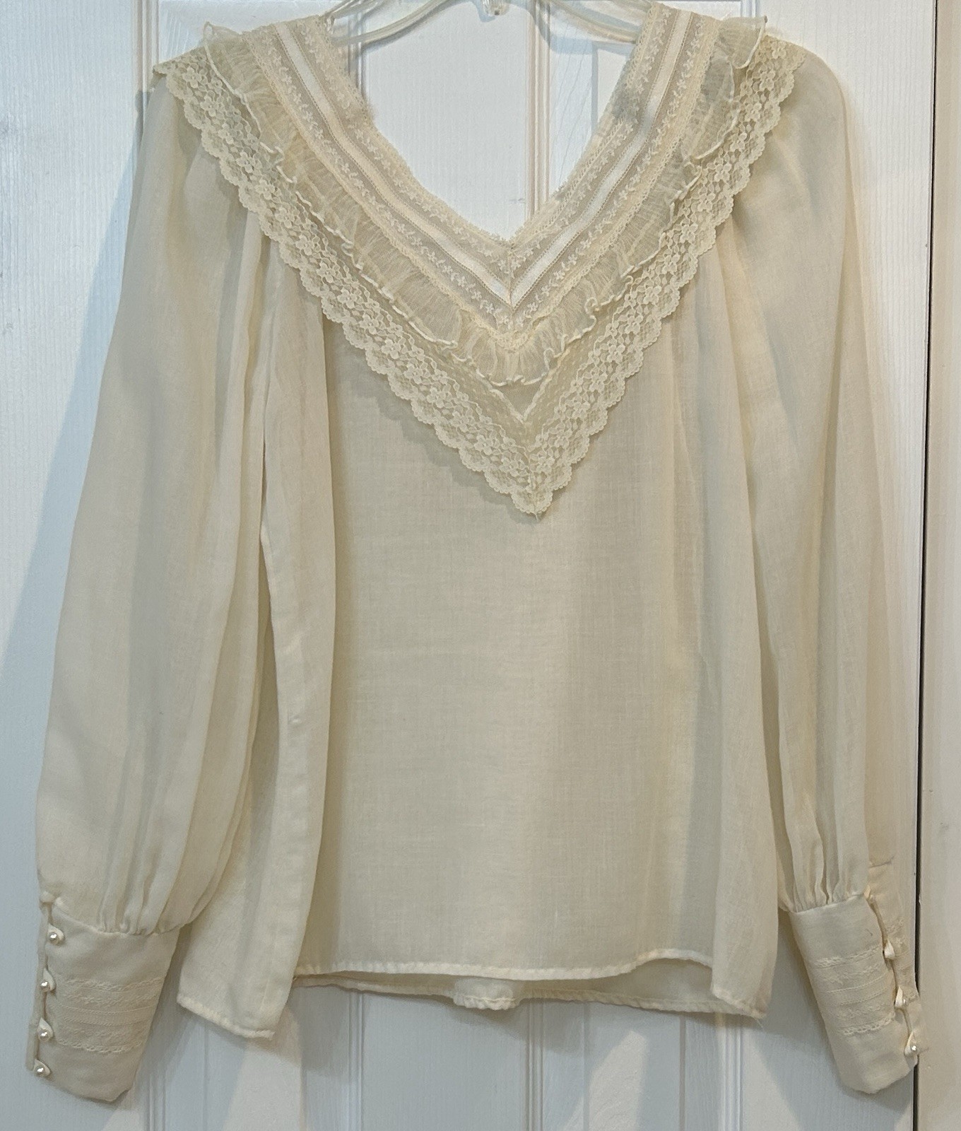 1978 JESSICA’S GUNNIES VTG SHEER BACK PRARIE BLOUSE-MUSHROOM BUTTONS MODERN XS/S