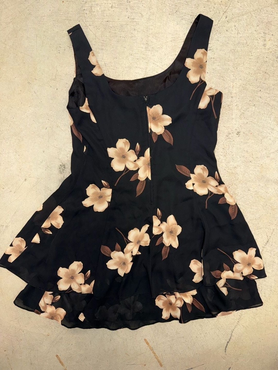 Vintage Hampton Nites Petites 90s Black and Cream Floral Layered Mini Dress Size