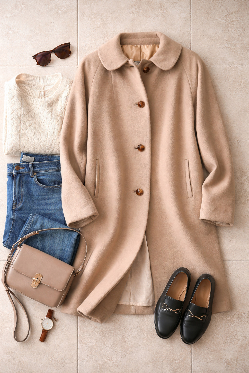 Vintage 100% Cashmere Coat Women’s Camel Beige Classic Minimalist Satin Lined M