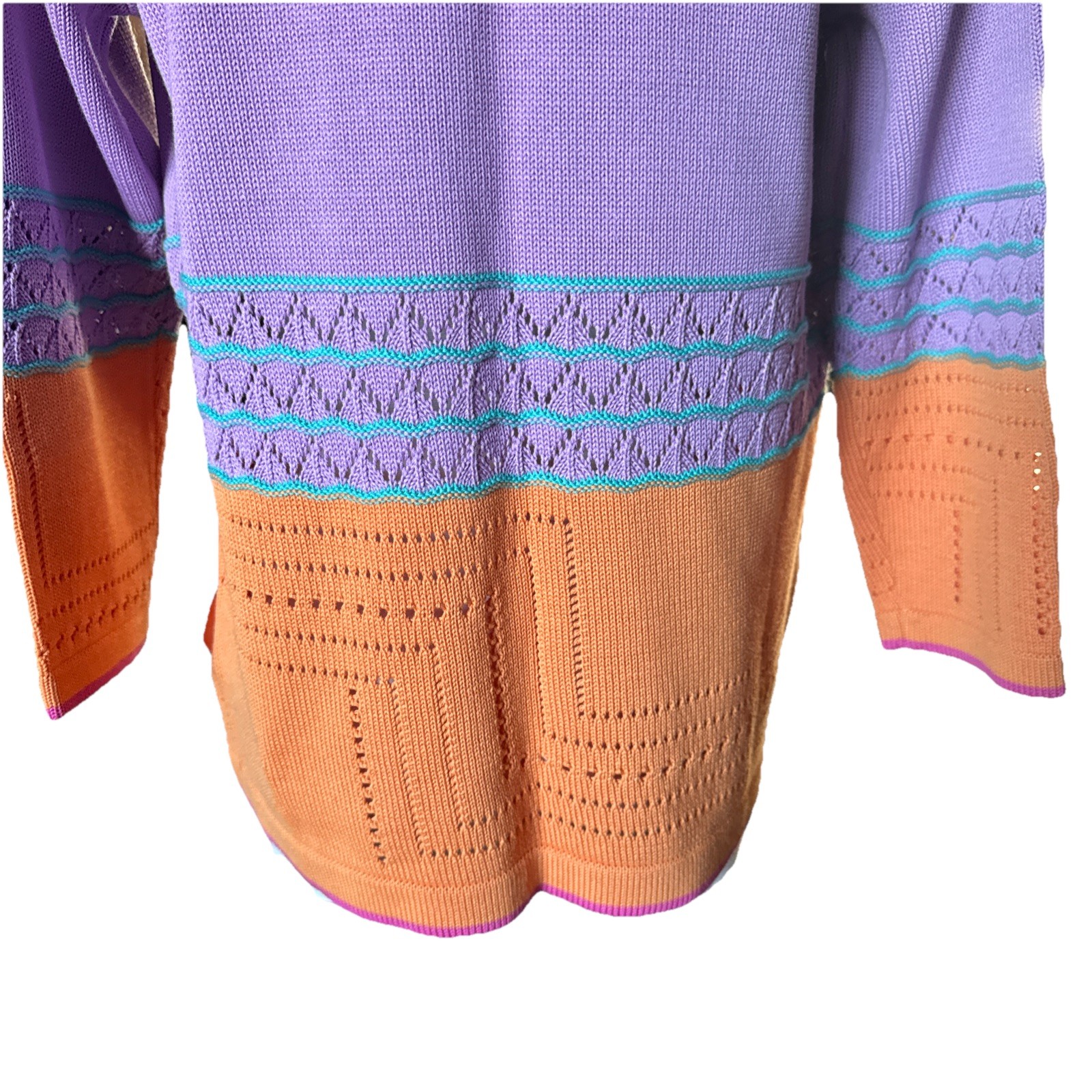 VNTG White Horse Knit Sweater Boho Art To Wear Geometric Pink Purple Orange S/M