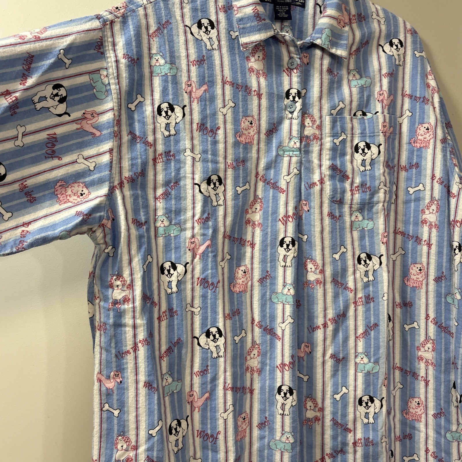 BIG DOGS Blue Nightgown Women’s L-XL Flannel 100% Cotton Puppy Love