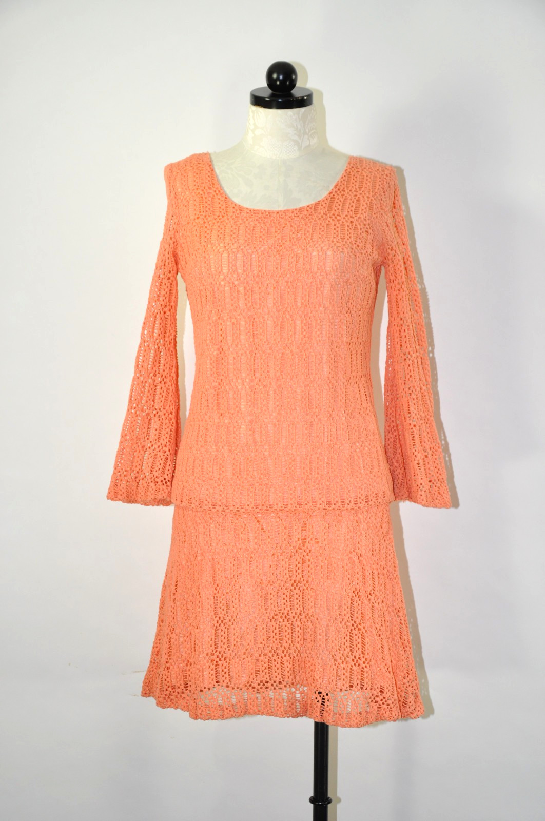 60s Vintage Orange Sorbet Crochet Knit Lace Dropped Waist Mini Dress Women S M