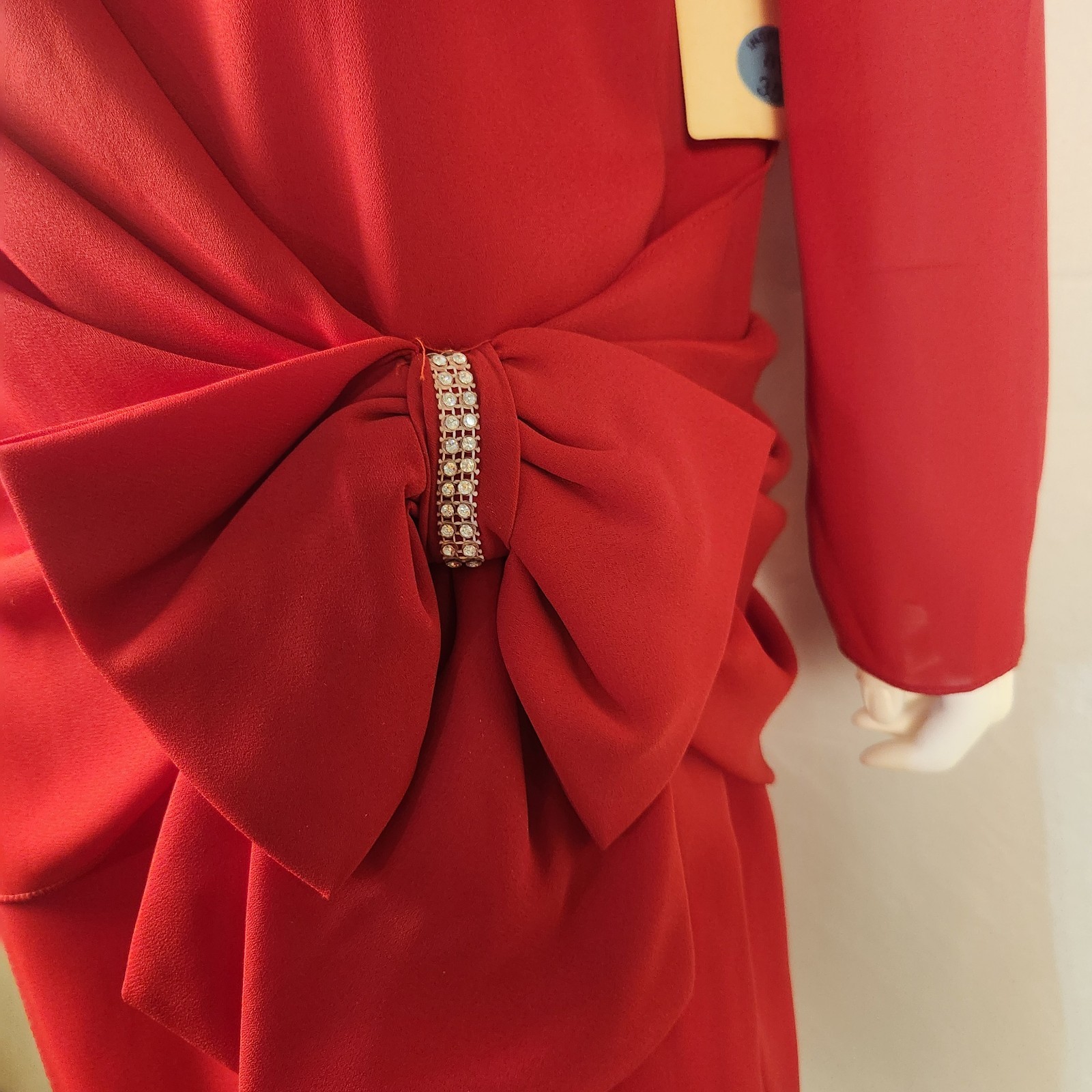 Vintage 80s Red Draped Front/Side Bow With Rhinestones Valentine Dress 15/16