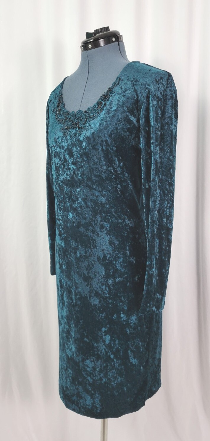 Vtg Molly Malloy Teal Green Crushed Velvet Wiggle Dress w Lace & Beads Size 12