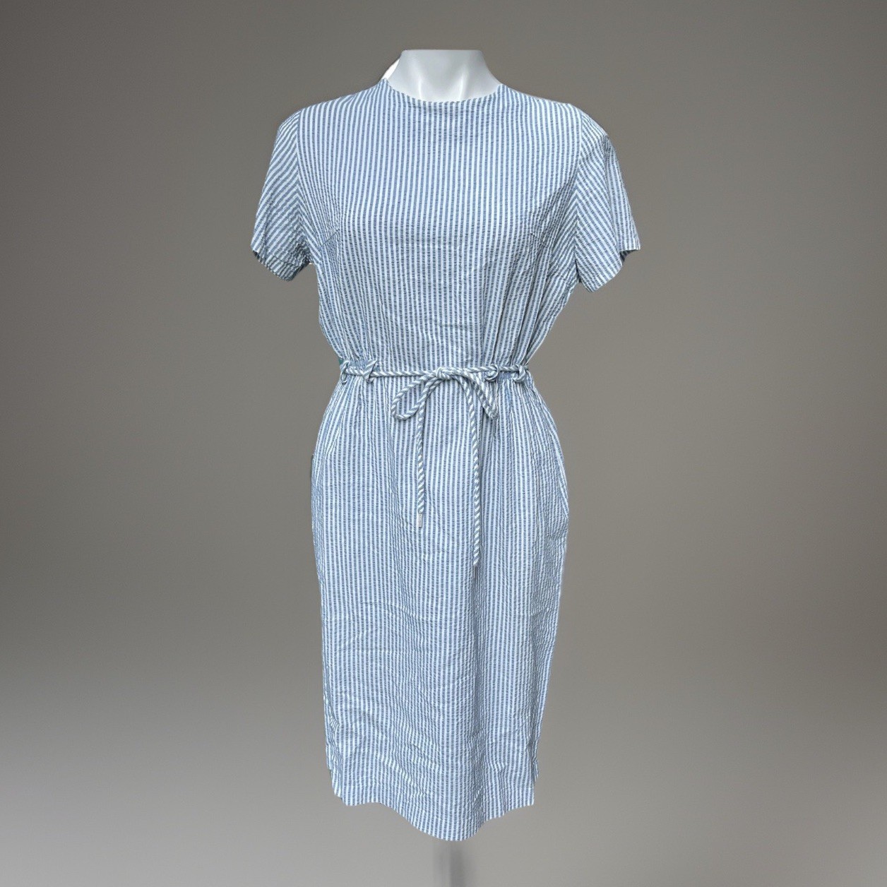 VTG Sears Dress Blue White Seersucker Belt Loops Short Sleeve Knee Length Med/L