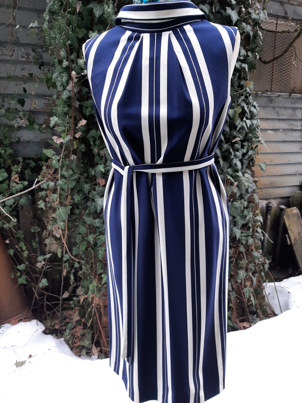 60s 70s L’ Aiglon Navy White Striped Summer Sleeveless Classic Retro Dress Sz 1