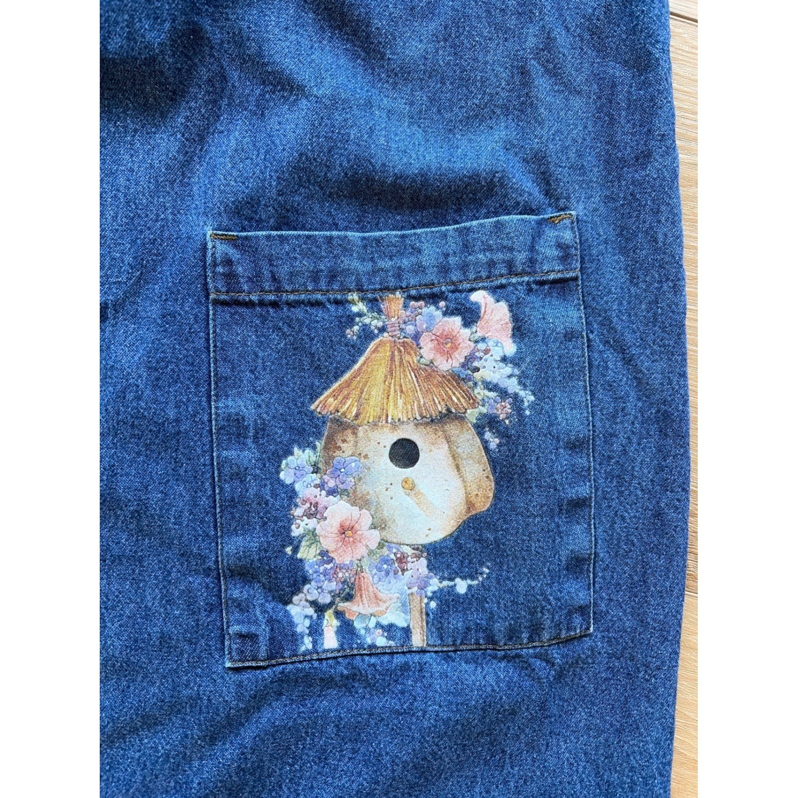 Vintage Denim Birdhouse Floral Jumper Dress Blue Button Front Cotton USA read