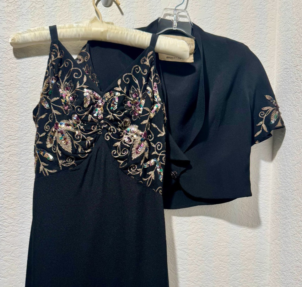 Eisenberg Maxi Dress Jacket Sequin Embroidered Rayon 2PC Formal Black 1940s Sz S