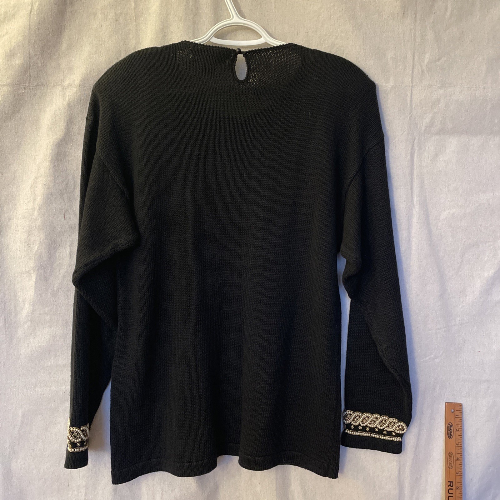VTG Victoria Harbour 80s Beaded Sweater Tunic Medium Black Pearls Elegant Party