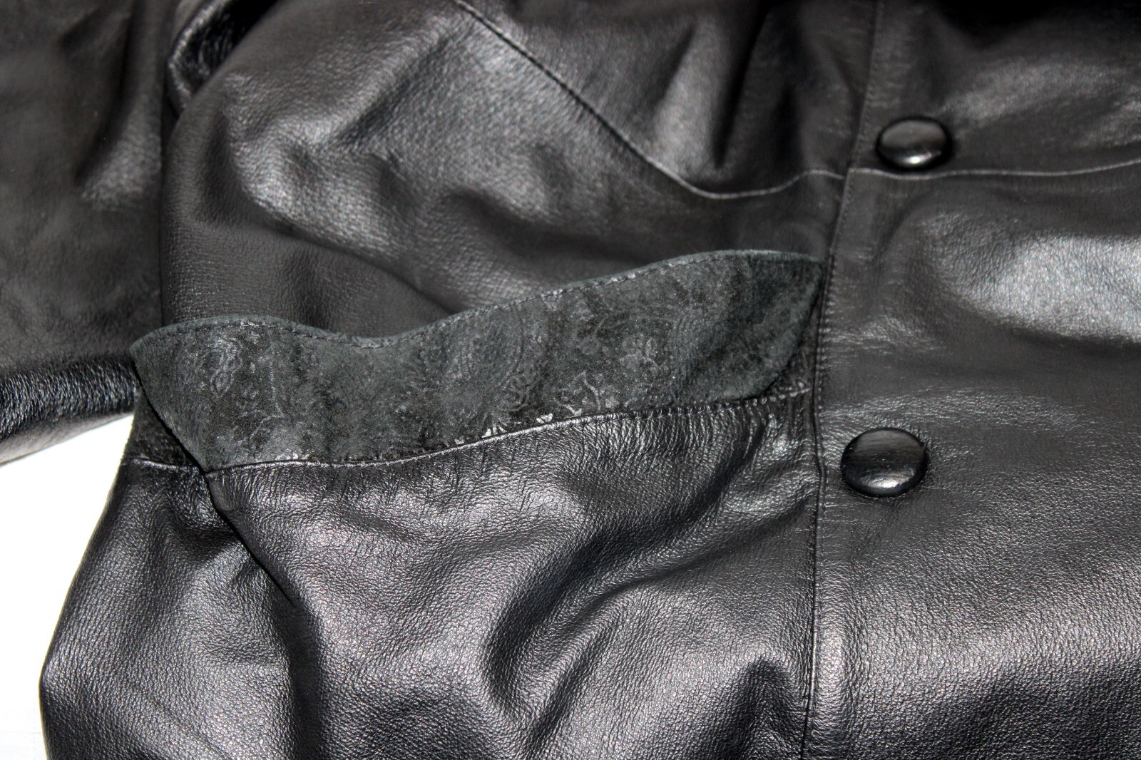 Vtg 80s Preston & York Leather Coat sz XL BLack Embossed Paisley Suede Modern