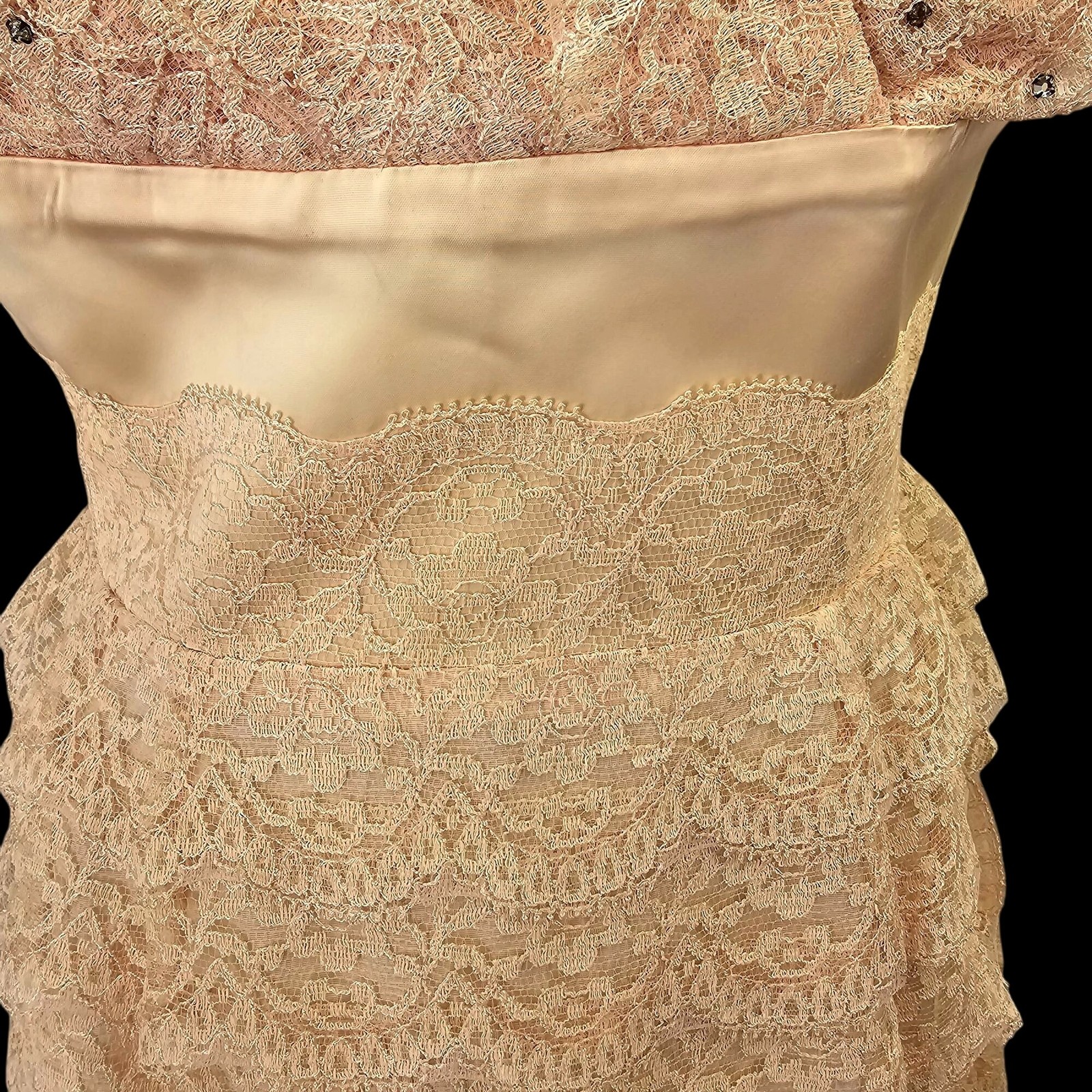 Vintage 50s Handmade Lace Cocktail Dress 6-8 Blush Champagne Rhinestone Accents