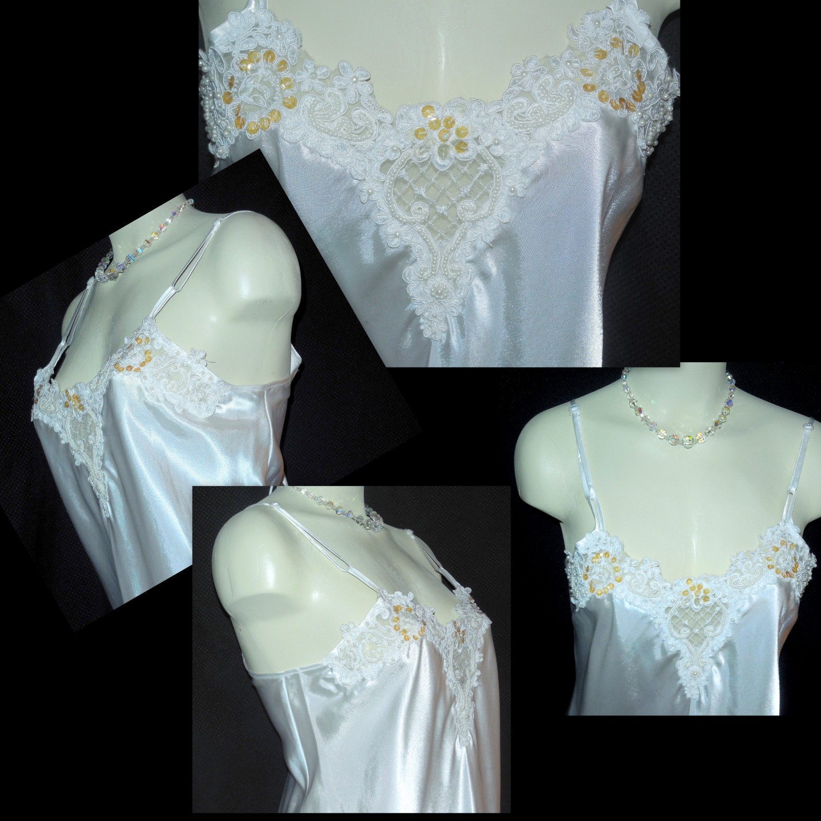PRISTINE L BUST 38″ ENCHANTING BEADED BRIDAL WHITE PEARLS LIQUID SATIN NIGHTGOWN