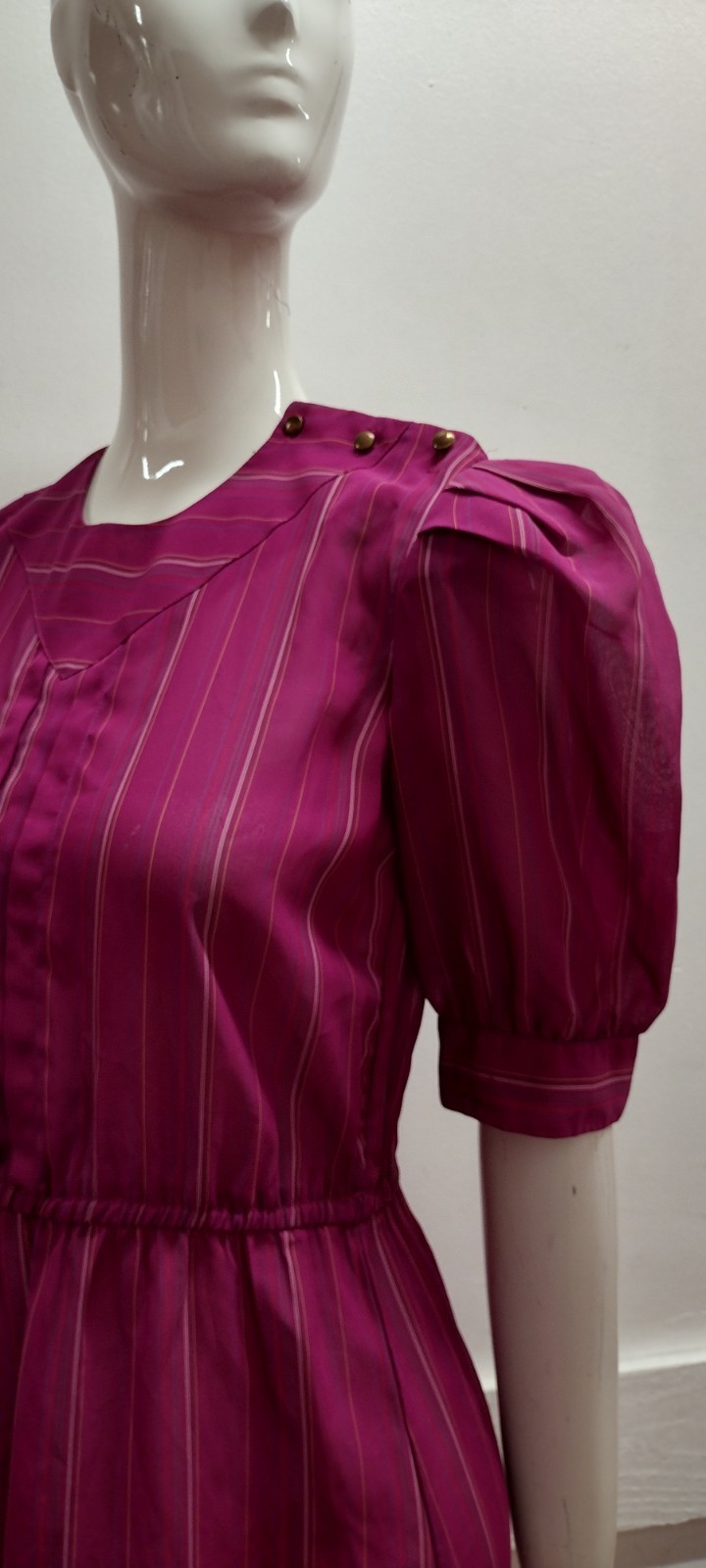 70s 80s Dress Pink Fuchsia Stripes Sheer Short Puffy Sleeve 40s 3/4 Sleeves M