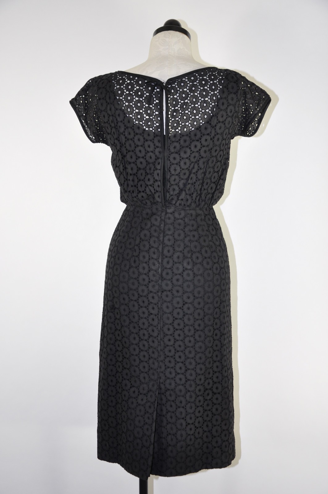 50s Vintage Black Cotton Lace Eyelet Velvet Rhinestone Wiggle Cocktail Dress S