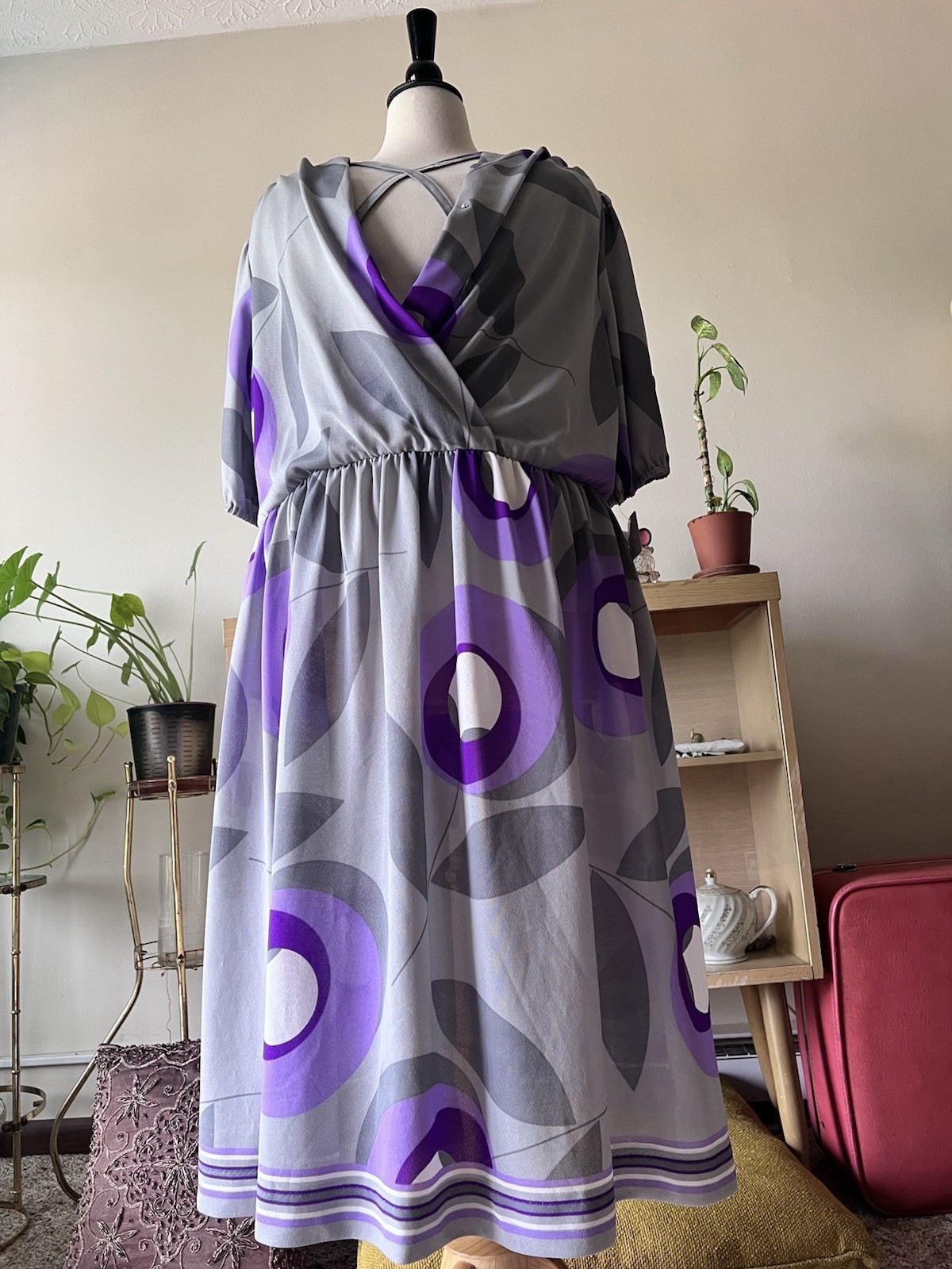VTG 60s Grey & Purple Bullseye Secretary Dress W/ Neck Tie Detail – XL/2XL