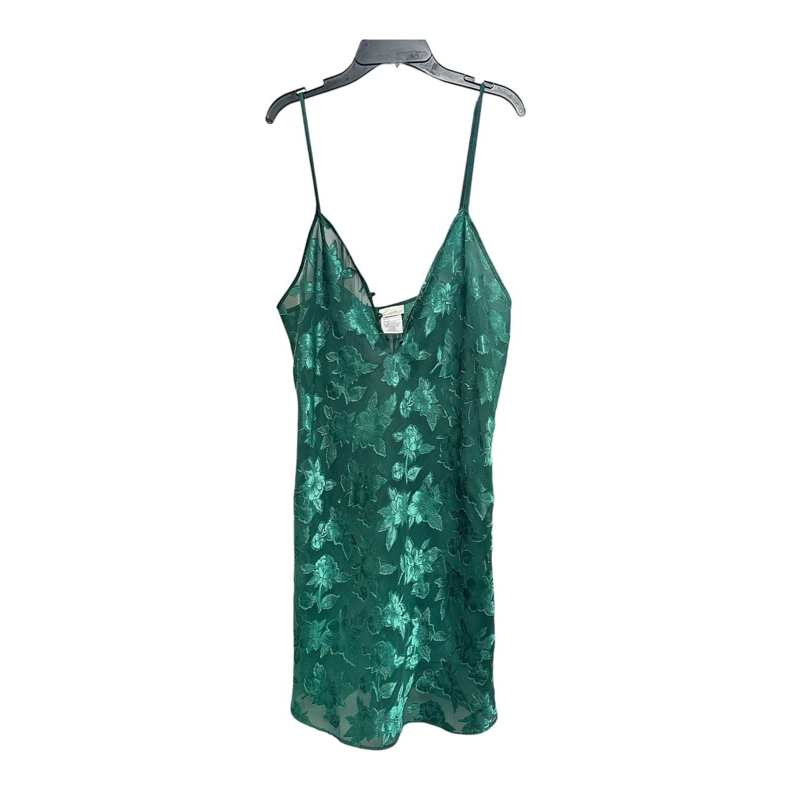 VTG 90s Secret Treasures Green Floral Mesh Slip Dress L Sheer Satin Lingerie Y2K