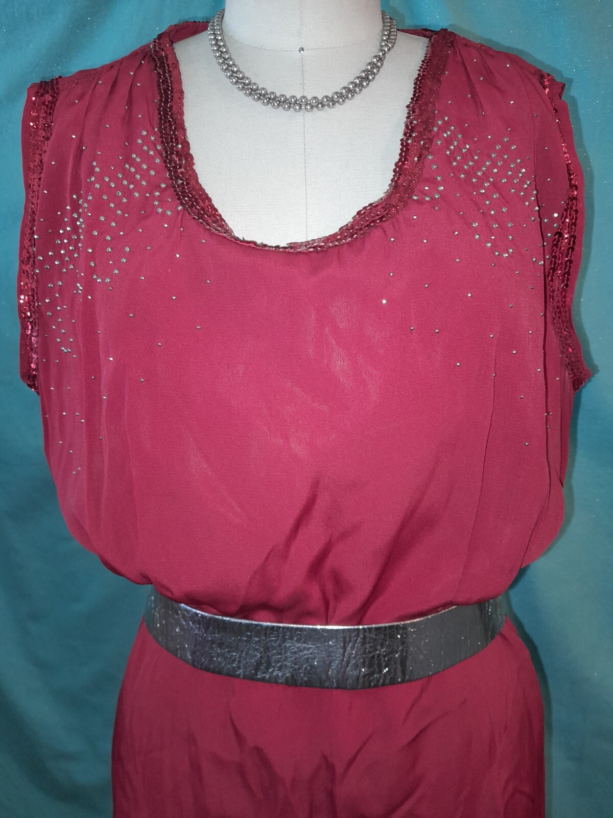 Vtg 30s 40s Red Sequin Rayon Crepe Studded Custom Short Party Evening Dress W30
