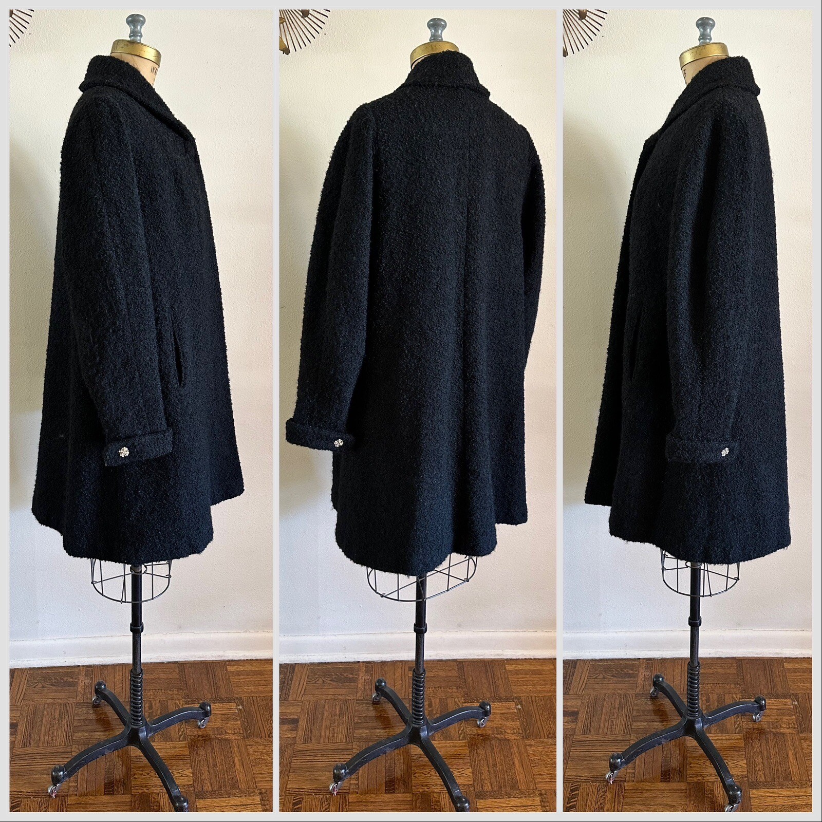 1940s Boucle Wool Swing Coat Holiday Shawl Collar Jacket Rhinestone Cuff 50s VTG