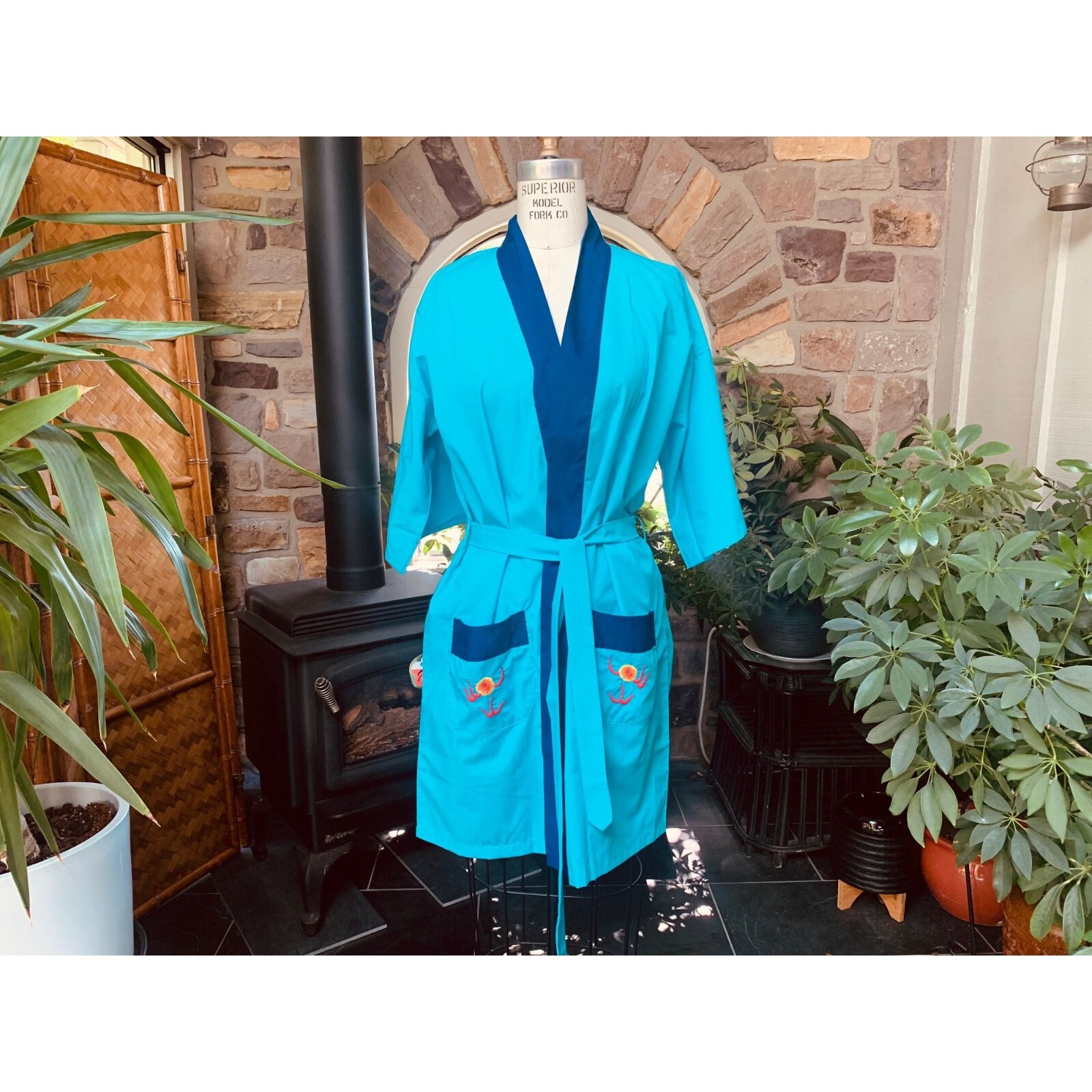 Vintage Short Blue Embroidered Serpent Asian Wrap Robe Plum Blossoms
