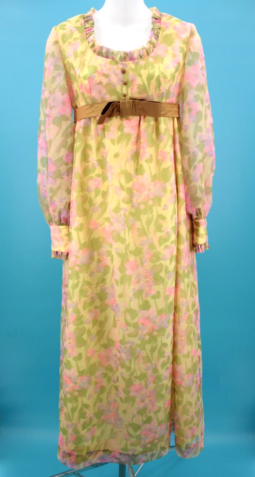 VTG Women’s 60s Yellow & Pink Floral Empire Waist Maxi Dress XS/S 1960s Handmade