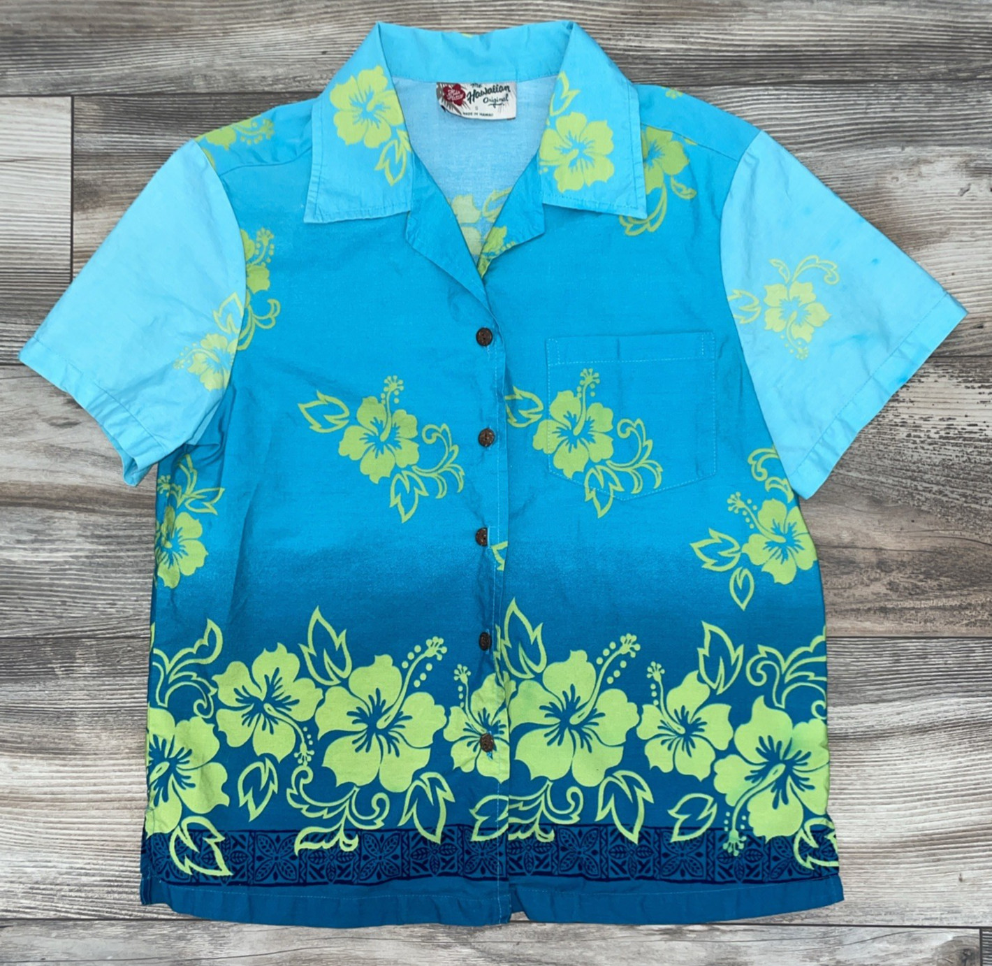 Vintage Hilo Hattie Hawaiian Shirt Womens S Blue Floral Print Tropical USA