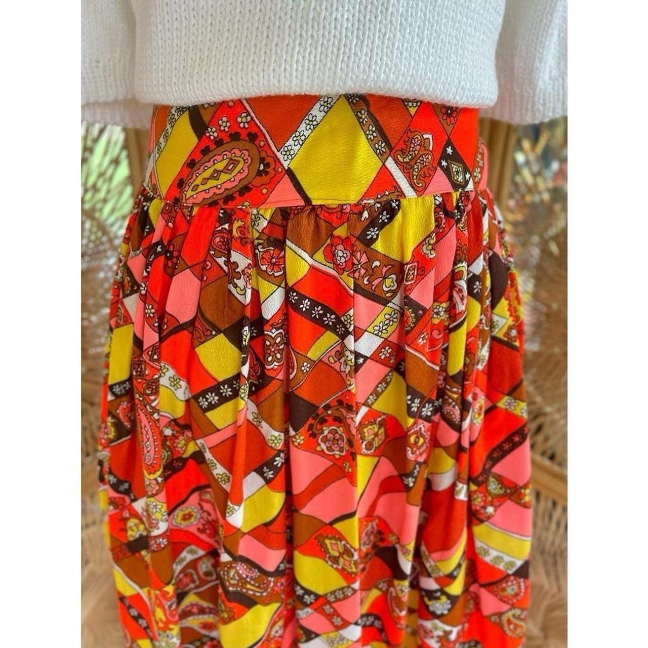 Vintage Retro 60s 70’s Polyester Paisley Orange Yellow Pink Brown A-Line Skirt