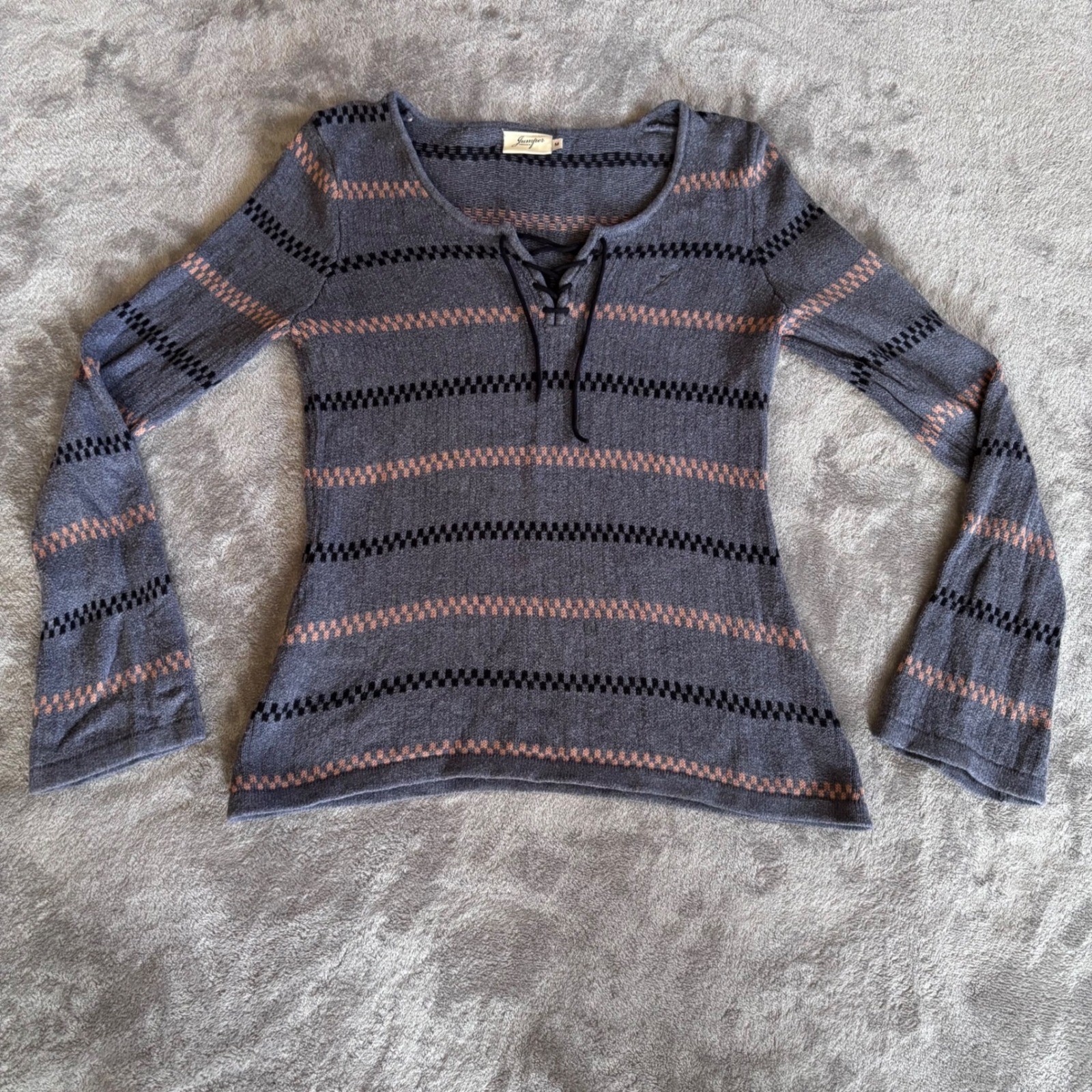 Y2K 100% Cotton Knit Sweater Gray Striped Lightweight Boho Minimalist| Medium