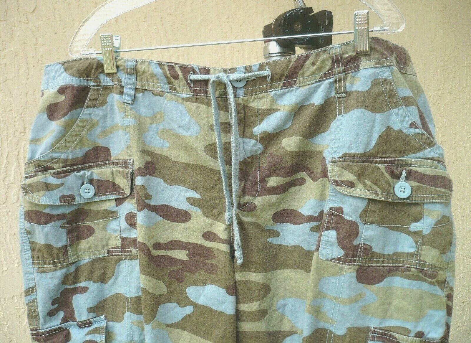 VTG 80S EARL JEAN WOMEN 1X XL L CAMOUFLAGE BLUE ARMY GREEN CROP CARGO CAMO PANTS