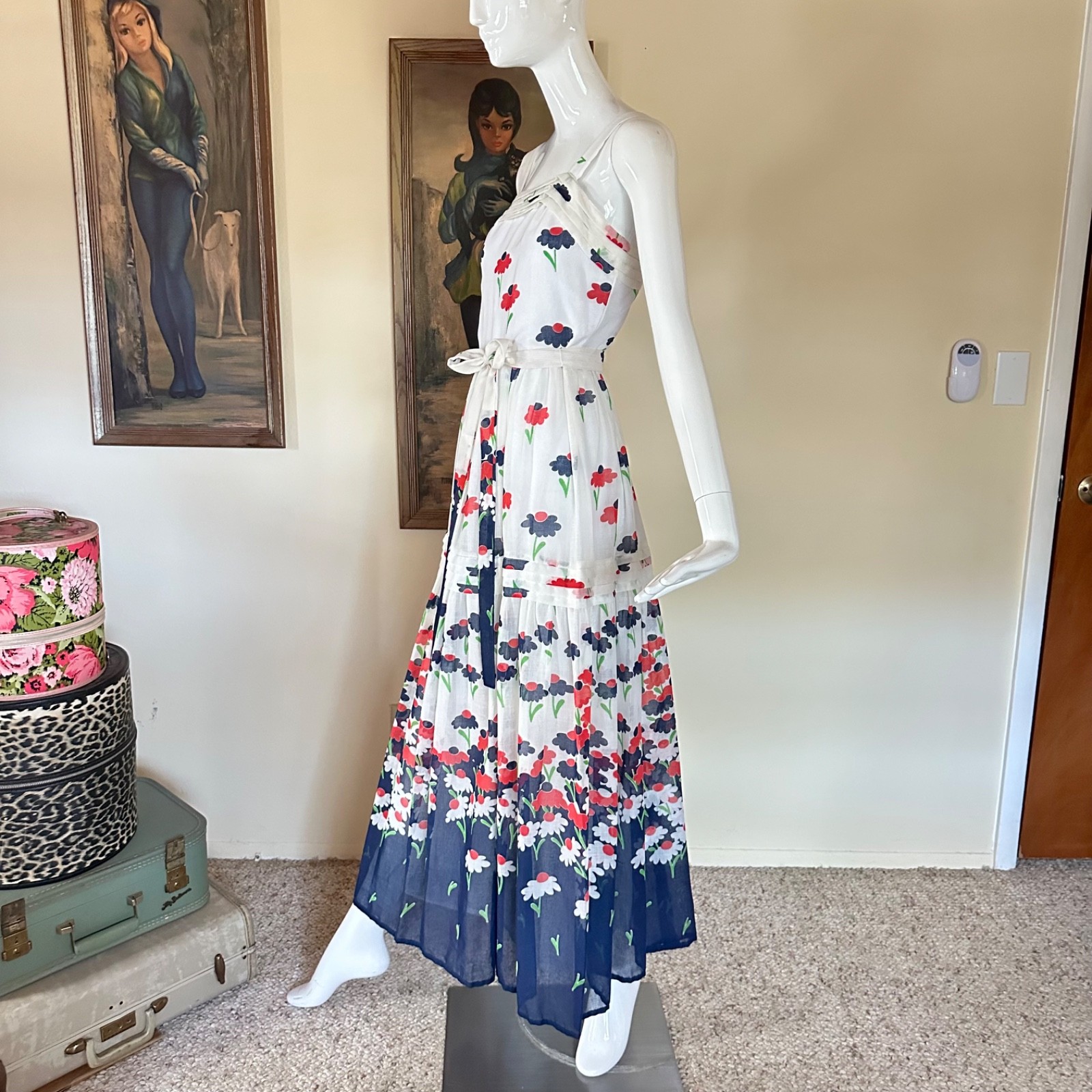 Vintage 1970s Hippie Daisy Garden Maxi Dress Red White & Blue Sundress S