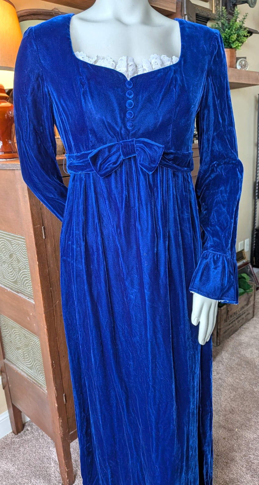 Vtg 13/14 Lorrie & Deb crushed velvet midnight blue Maxi Dress Prairie 60s 70s