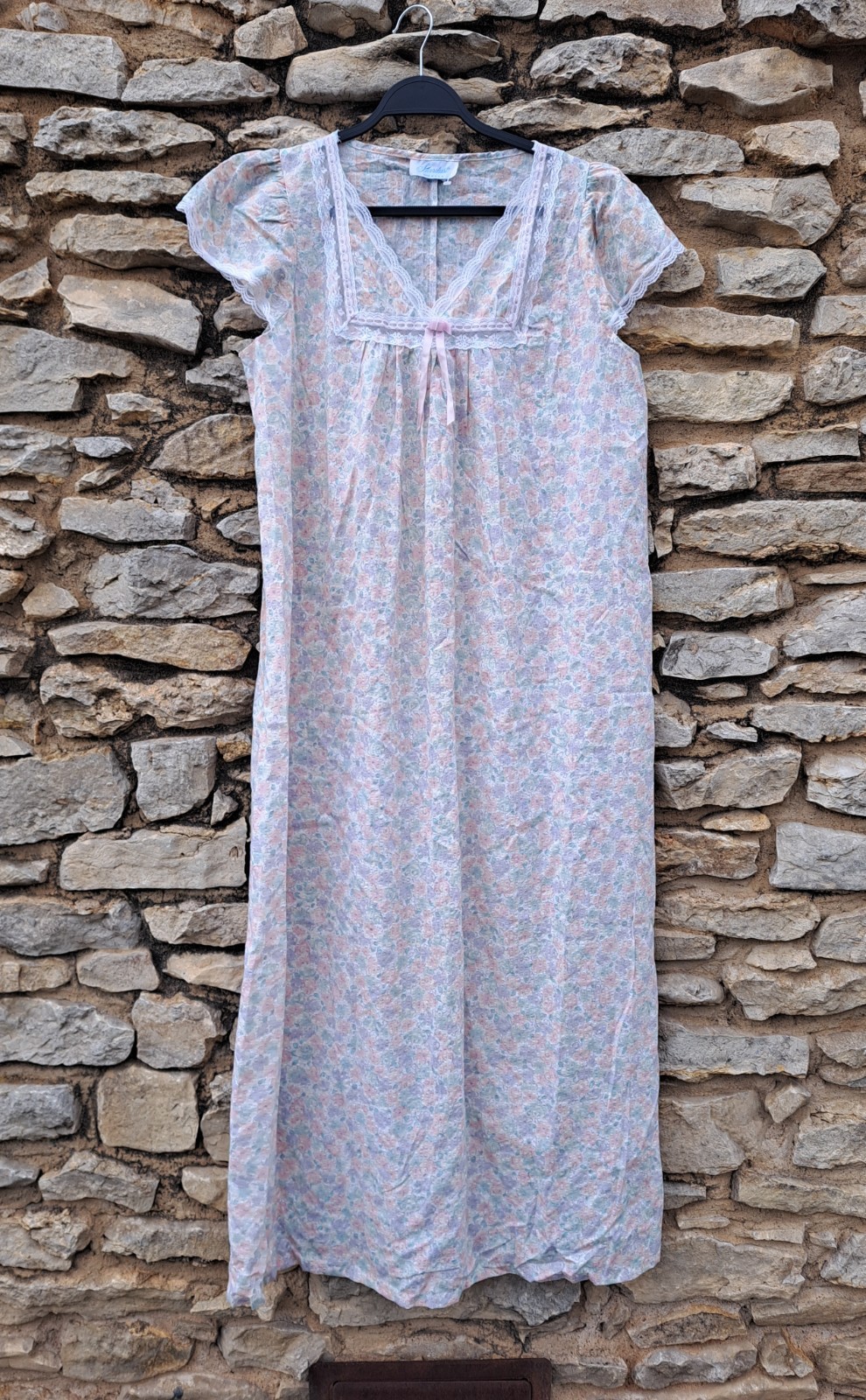 Vtg Stardust Long Nightgown Large 80s White Purple Pink Floral Cottagecore